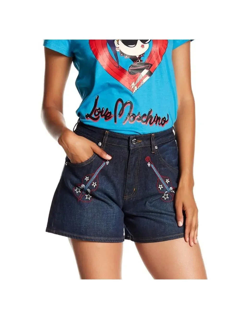 Love Moschino Guitar Embroidered Denim Shorts